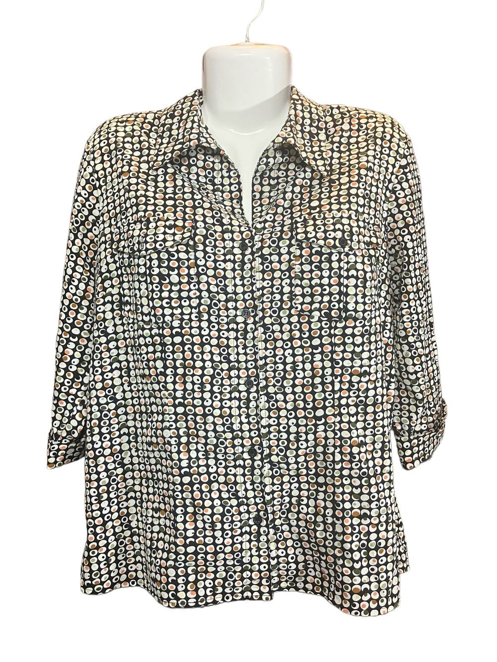 Apparenza Women's Multicolor Dots Black 3/4 Sleeve Button-Up Career Blouse SZ L